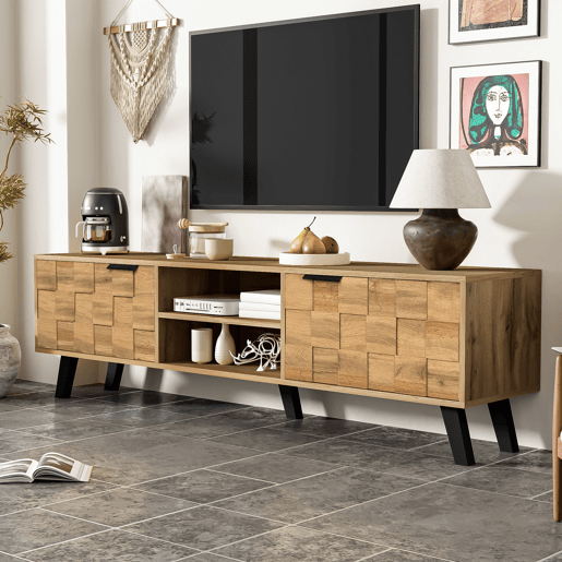 Armário moderno para televisão - com 2 portas e 2 compartimentos abertos - Natural Armário moderno para televisão - com 2 portas e 2 compartimentos abertos - Natural