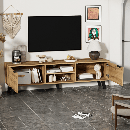 Armário moderno para televisão - com 2 portas e 2 compartimentos abertos - Natural Armário moderno para televisão - com 2 portas e 2 compartimentos abertos - Natural