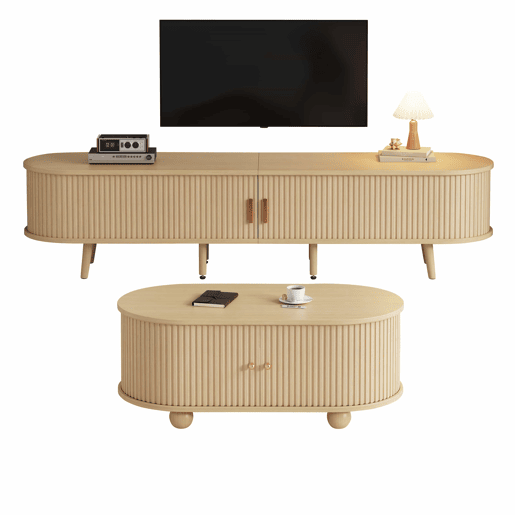 Móvel de TV + Mesa de centro - Combinação ovalada com arrumação - Cor madeira natural Móvel de TV + Mesa de centro - Combinação ovalada com arrumação - Cor madeira natural