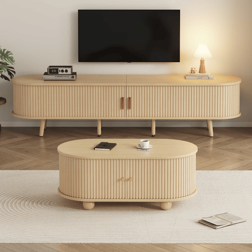 Móvel de TV + Mesa de centro - Combinação ovalada com arrumação - Cor madeira natural Móvel de TV + Mesa de centro - Combinação ovalada com arrumação - Cor madeira natural