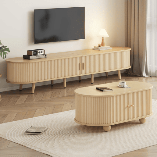 Móvel de TV + Mesa de centro - Combinação ovalada com arrumação - Cor madeira natural Móvel de TV + Mesa de centro - Combinação ovalada com arrumação - Cor madeira natural