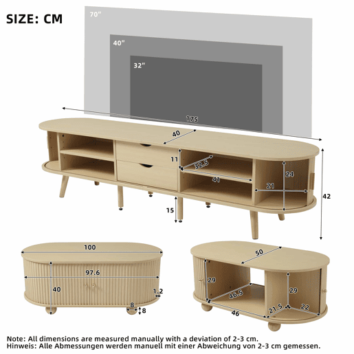 Móvel de TV + Mesa de centro - Combinação ovalada com arrumação - Cor madeira natural Móvel de TV + Mesa de centro - Combinação ovalada com arrumação - Cor madeira natural
