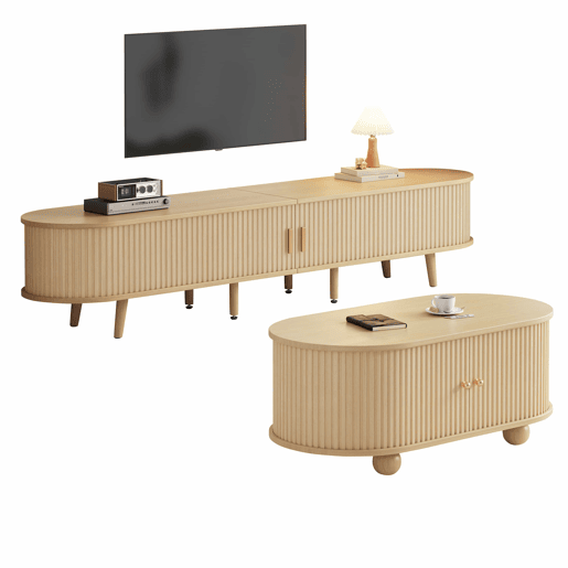 Móvel de TV + Mesa de centro - Combinação ovalada com arrumação - Cor madeira natural Móvel de TV + Mesa de centro - Combinação ovalada com arrumação - Cor madeira natural
