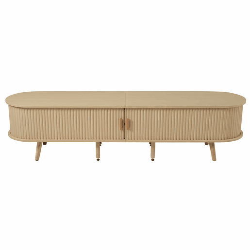 Móvel de TV + Mesa de centro - Combinação ovalada com arrumação - Cor madeira natural Móvel de TV + Mesa de centro - Combinação ovalada com arrumação - Cor madeira natural