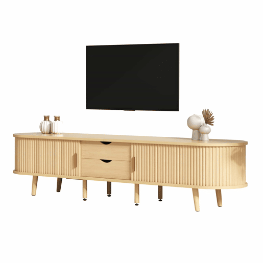 Móvel de TV + Mesa de centro - Combinação ovalada com arrumação - Cor madeira natural Móvel de TV + Mesa de centro - Combinação ovalada com arrumação - Cor madeira natural