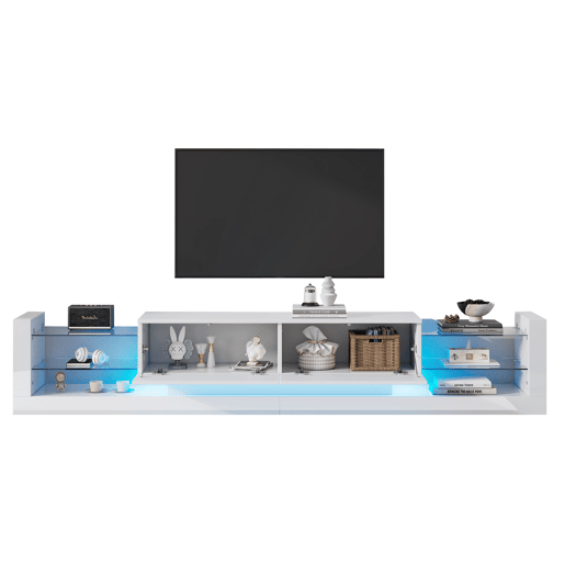Móvel TV com LED - 2 compartimentos rebatíveis e prateleiras de vidro - Branco