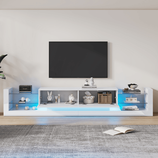 Móvel TV com LED - 2 compartimentos rebatíveis e prateleiras de vidro - Branco