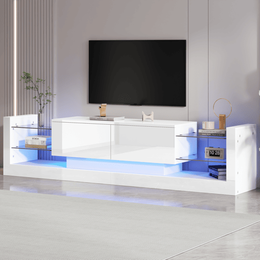 Móvel TV com LED - 2 compartimentos rebatíveis e prateleiras de vidro - Branco