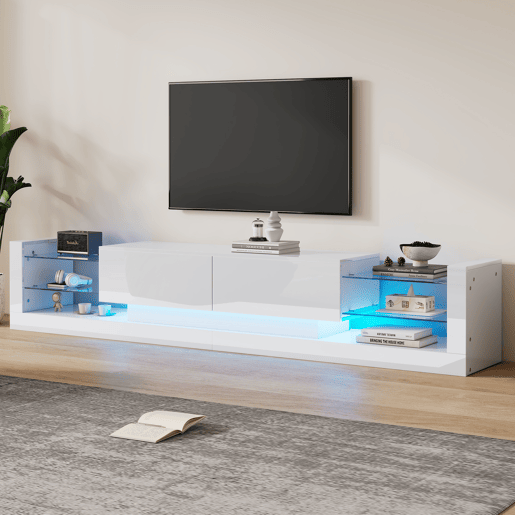 Móvel TV com LED - 2 compartimentos rebatíveis e prateleiras de vidro - Branco