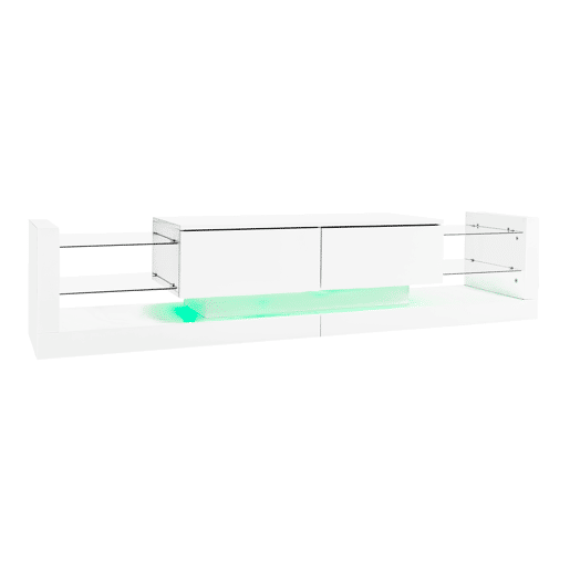 Móvel TV com LED - 2 compartimentos rebatíveis e prateleiras de vidro - Branco