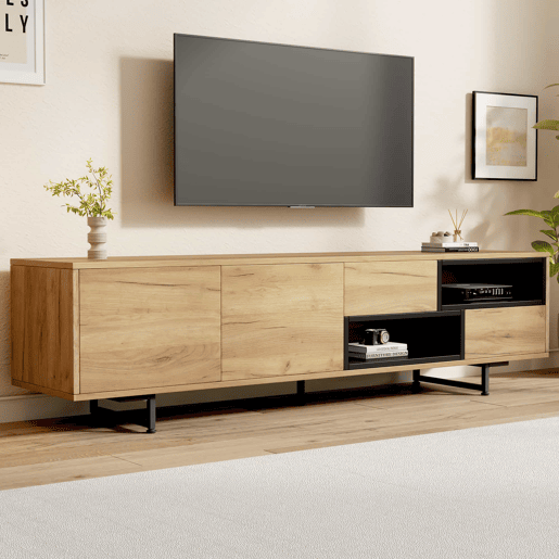 Armário para TV - com 2 gavetas 2 portas 2 compartimentos abertos - Natural Armário para TV - com 2 gavetas 2 portas 2 compartimentos abertos - Natural