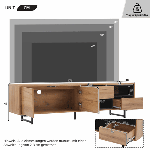 Armário para TV - com 2 gavetas 2 portas 2 compartimentos abertos - Natural Armário para TV - com 2 gavetas 2 portas 2 compartimentos abertos - Natural
