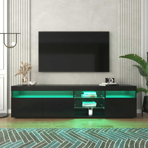 Móvel TV moderno de 180 cm com LED - 3 portas e 5 compartimentos abertos - Preto Móvel TV moderno de 180 cm com LED - 3 portas e 5 compartimentos abertos - Preto