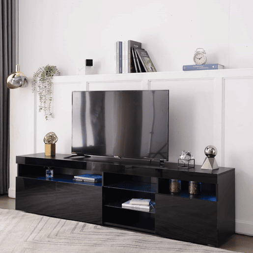 Móvel TV moderno de 180 cm com LED - 3 portas e 5 compartimentos abertos - Preto Móvel TV moderno de 180 cm com LED - 3 portas e 5 compartimentos abertos - Preto