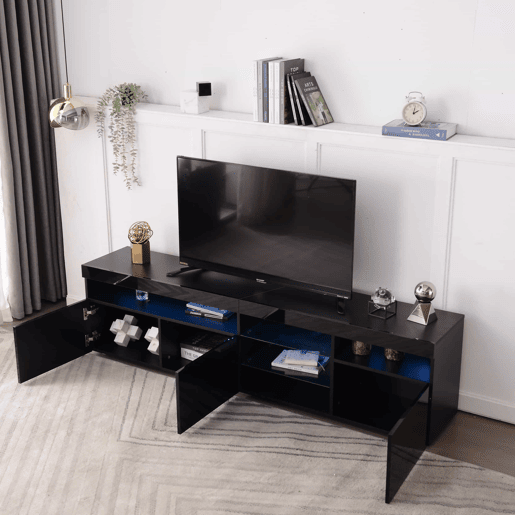 Móvel TV moderno de 180 cm com LED - 3 portas e 5 compartimentos abertos - Preto Móvel TV moderno de 180 cm com LED - 3 portas e 5 compartimentos abertos - Preto
