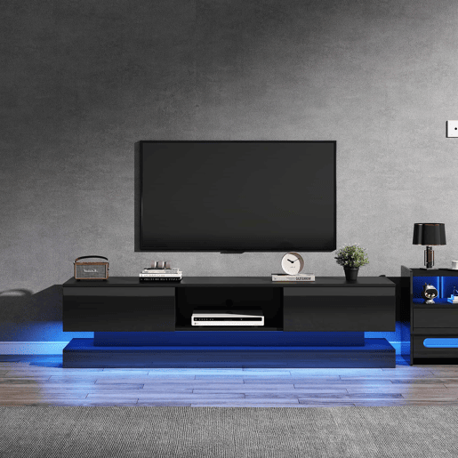 Móvel de TV 160x35x40,5 cm - Com LED, 2 gavetas, controlo de aplicação, design anti-queda - Preto Móvel de TV 160x35x40,5 cm - Com LED, 2 gavetas, controlo de aplicação, design anti-queda - Preto