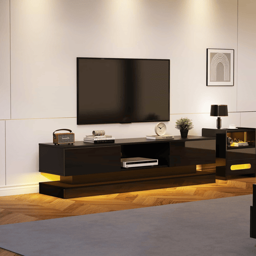 Móvel de TV 160x35x40,5 cm - Com LED, 2 gavetas, controlo de aplicação, design anti-queda - Preto Móvel de TV 160x35x40,5 cm - Com LED, 2 gavetas, controlo de aplicação, design anti-queda - Preto