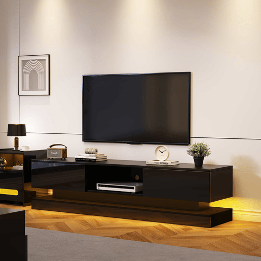 Móvel de TV 160x35x40,5 cm - Com LED, 2 gavetas, controlo de aplicação, design anti-queda - Preto Móvel de TV 160x35x40,5 cm - Com LED, 2 gavetas, controlo de aplicação, design anti-queda - Preto