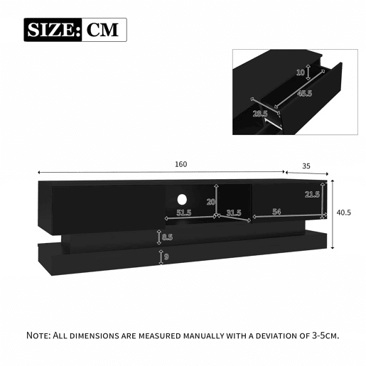 Móvel de TV 160x35x40,5 cm - Com LED, 2 gavetas, controlo de aplicação, design anti-queda - Preto Móvel de TV 160x35x40,5 cm - Com LED, 2 gavetas, controlo de aplicação, design anti-queda - Preto