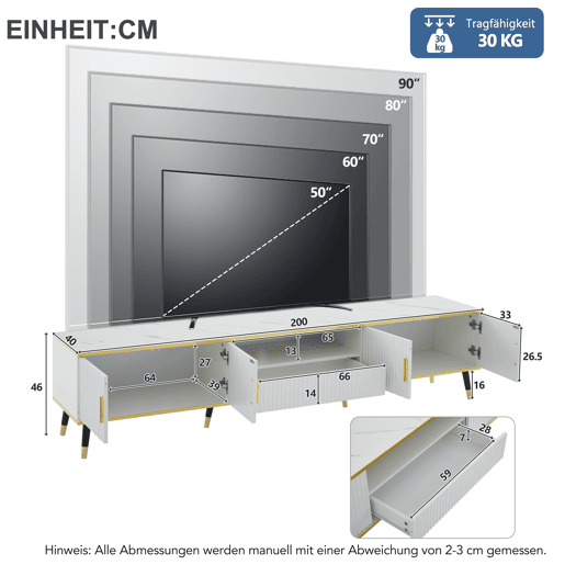 Móvel para TV 200x40x46 cm - Madeira, 2 portas, 1 gaveta, para TVs até 90 - Branco