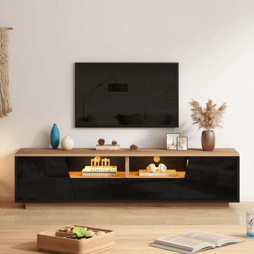 Móvel de TV 180 x 40 x 46 cm - 2 gavetas e 2 armários, LED, alto brilho, lowboard, adequado para 75 polegadas - preto + madeira