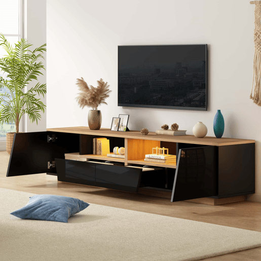 Móvel de TV 180 x 40 x 46 cm - 2 gavetas e 2 armários, LED, alto brilho, lowboard, adequado para 75 polegadas - preto + madeira