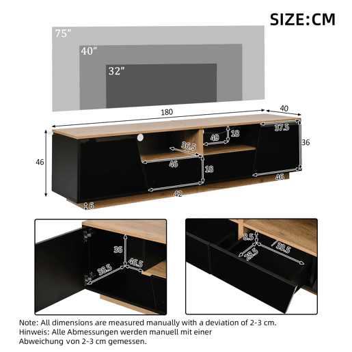 Móvel de TV 180 x 40 x 46 cm - 2 gavetas e 2 armários, LED, alto brilho, lowboard, adequado para 75 polegadas - preto + madeira