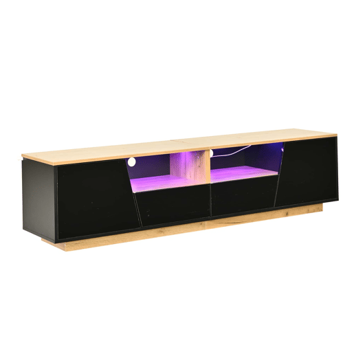 Móvel de TV 180 x 40 x 46 cm - 2 gavetas e 2 armários, LED, alto brilho, lowboard, adequado para 75 polegadas - preto + madeira