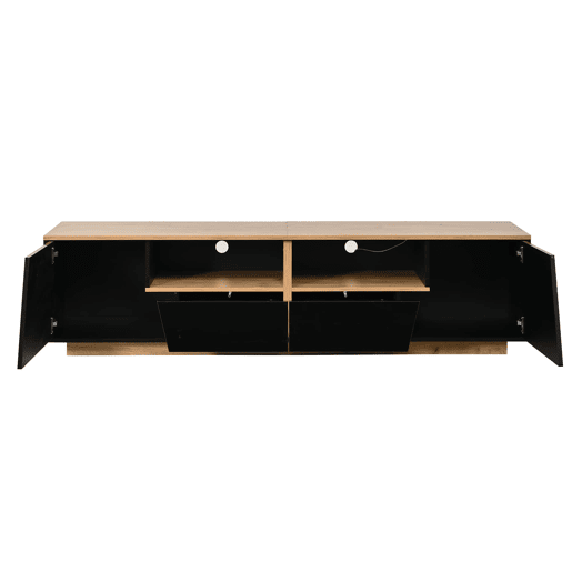 Móvel de TV 180 x 40 x 46 cm - 2 gavetas e 2 armários, LED, alto brilho, lowboard, adequado para 75 polegadas - preto + madeira