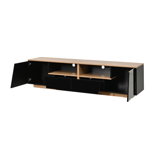 Móvel de TV 180 x 40 x 46 cm - 2 gavetas e 2 armários, LED, alto brilho, lowboard, adequado para 75 polegadas - preto + madeira