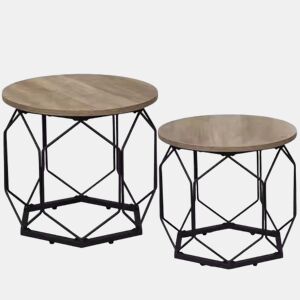 Mesa de centro redonda de 2 peças u2014 design moderno com tampo removível u2014 cinzenta e em madeira