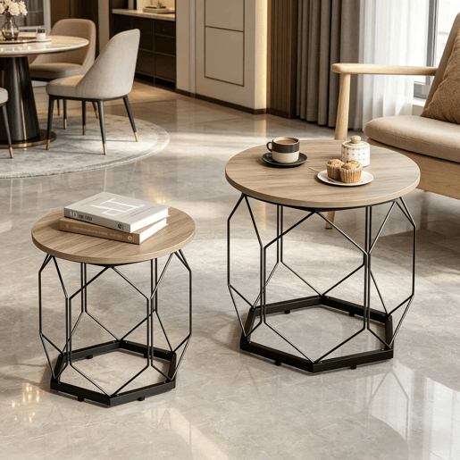 Mesa de centro redonda de 2 peças u2014 design moderno com tampo removível u2014 cinzenta e em madeira Mesa de centro redonda de 2 peças u2014 design moderno com tampo removível u2014 cinzenta e em madeira