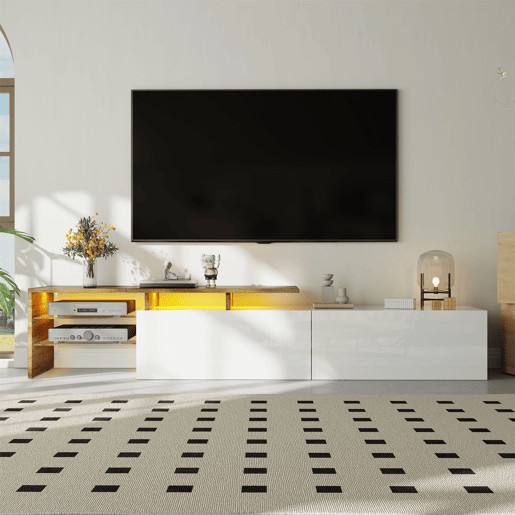 Móvel de TV moderno170 cm - design elegante, arrumação prática, branco brilhante, imitação de madeira, prateleiras de vidro, iluminação LED - branco + natural Móvel de TV moderno170 cm - design elegante, arrumação prática, branco brilhante, imitação de madeira, prateleiras de vidro, iluminação LED - branco + natural