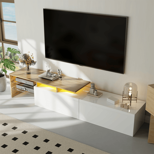Móvel de TV moderno170 cm - design elegante, arrumação prática, branco brilhante, imitação de madeira, prateleiras de vidro, iluminação LED - branco + natural Móvel de TV moderno170 cm - design elegante, arrumação prática, branco brilhante, imitação de madeira, prateleiras de vidro, iluminação LED - branco + natural