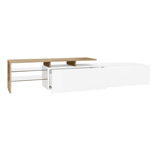 Móvel de TV moderno170 cm - design elegante, arrumação prática, branco brilhante, imitação de madeira, prateleiras de vidro, iluminação LED - branco + natural Móvel de TV moderno170 cm - design elegante, arrumação prática, branco brilhante, imitação de madeira, prateleiras de vidro, iluminação LED - branco + natural