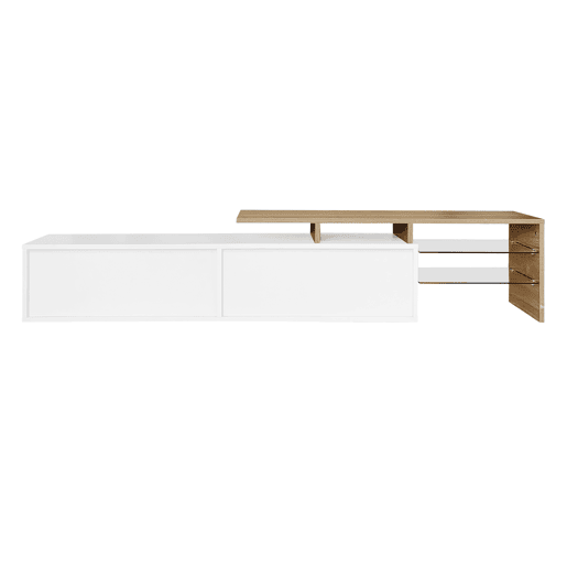 Móvel de TV moderno170 cm - design elegante, arrumação prática, branco brilhante, imitação de madeira, prateleiras de vidro, iluminação LED - branco + natural Móvel de TV moderno170 cm - design elegante, arrumação prática, branco brilhante, imitação de madeira, prateleiras de vidro, iluminação LED - branco + natural