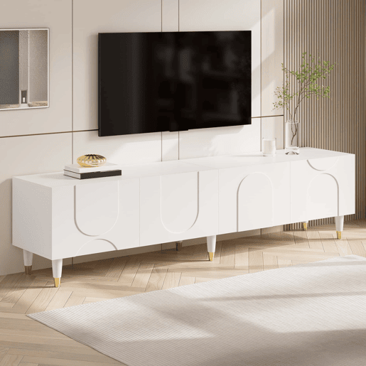 Móvel de TV tipo lowboard - relevo em arco assimétrico, 4 portas, vários compartimentos de arrumação, pés em madeira maciça - Branco Móvel de TV tipo lowboard - relevo em arco assimétrico, 4 portas, vários compartimentos de arrumação, pés em madeira maciça - Branco