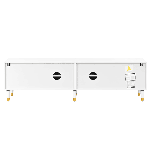 Móvel de TV tipo lowboard - relevo em arco assimétrico, 4 portas, vários compartimentos de arrumação, pés em madeira maciça - Branco Móvel de TV tipo lowboard - relevo em arco assimétrico, 4 portas, vários compartimentos de arrumação, pés em madeira maciça - Branco