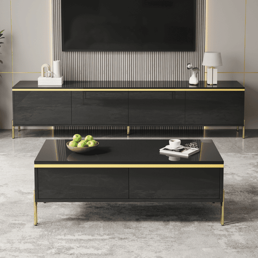 Móvel de TV e mesa de centro - Luxo moderno, superfície brilhante, bordas douradas, grande capacidade de armazenamento - Preto