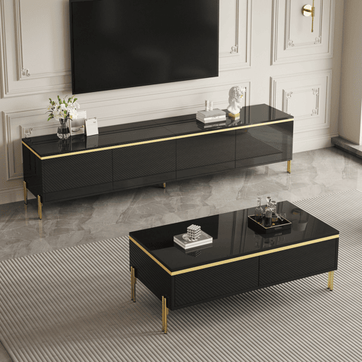 Móvel de TV e mesa de centro - Luxo moderno, superfície brilhante, bordas douradas, grande capacidade de armazenamento - Preto