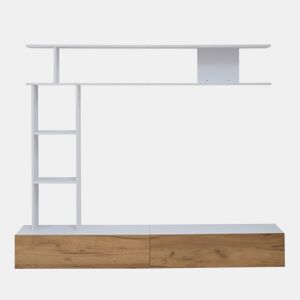 Móvel de TV 180x35x22,5 cm - Conjunto de sala com vitrines, prateleira e painel para TV - Branco + Natural