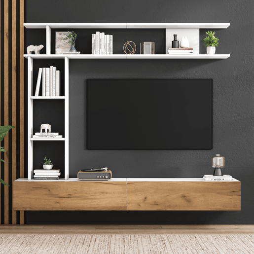 Móvel de TV 180x35x22,5 cm - Conjunto de sala com vitrines, prateleira e painel para TV - Branco + Natural Móvel de TV 180x35x22,5 cm - Conjunto de sala com vitrines, prateleira e painel para TV - Branco + Natural
