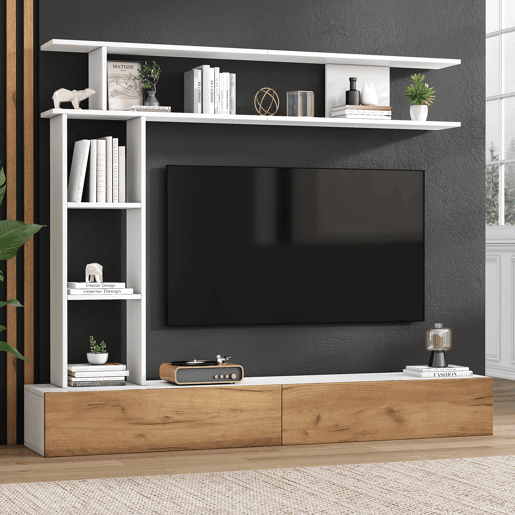 Móvel de TV 180x35x22,5 cm - Conjunto de sala com vitrines, prateleira e painel para TV - Branco + Natural Móvel de TV 180x35x22,5 cm - Conjunto de sala com vitrines, prateleira e painel para TV - Branco + Natural