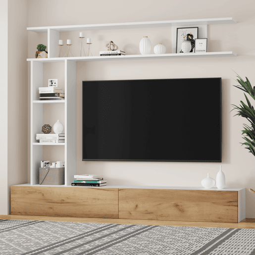 Móvel de TV 180x35x22,5 cm - Conjunto de sala com vitrines, prateleira e painel para TV - Branco + Natural Móvel de TV 180x35x22,5 cm - Conjunto de sala com vitrines, prateleira e painel para TV - Branco + Natural
