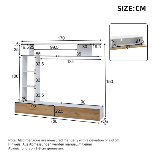 Móvel de TV 180x35x22,5 cm - Conjunto de sala com vitrines, prateleira e painel para TV - Branco + Natural Móvel de TV 180x35x22,5 cm - Conjunto de sala com vitrines, prateleira e painel para TV - Branco + Natural