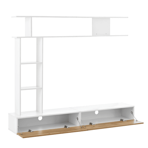 Móvel de TV 180x35x22,5 cm - Conjunto de sala com vitrines, prateleira e painel para TV - Branco + Natural Móvel de TV 180x35x22,5 cm - Conjunto de sala com vitrines, prateleira e painel para TV - Branco + Natural
