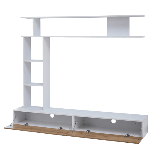 Móvel de TV 180x35x22,5 cm - Conjunto de sala com vitrines, prateleira e painel para TV - Branco + Natural Móvel de TV 180x35x22,5 cm - Conjunto de sala com vitrines, prateleira e painel para TV - Branco + Natural