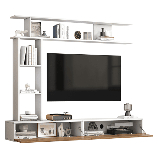 Móvel de TV 180x35x22,5 cm - Conjunto de sala com vitrines, prateleira e painel para TV - Branco + Natural Móvel de TV 180x35x22,5 cm - Conjunto de sala com vitrines, prateleira e painel para TV - Branco + Natural