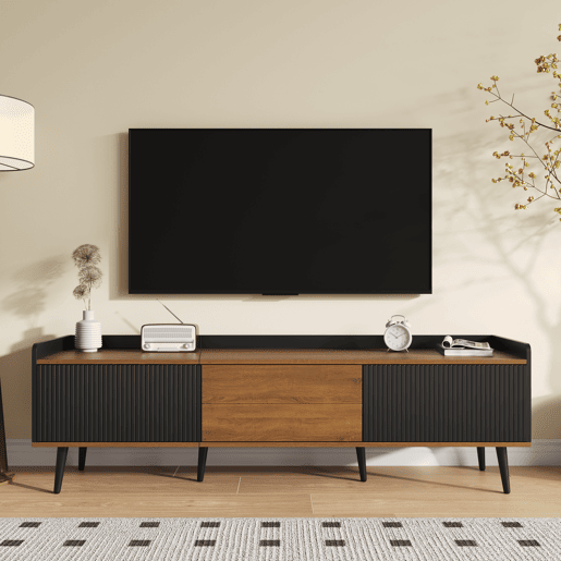 Móvel de TV 160 cm - Design compacto, 3 portas - Preto e Natural Móvel de TV 160 cm - Design compacto, 3 portas - Preto e Natural