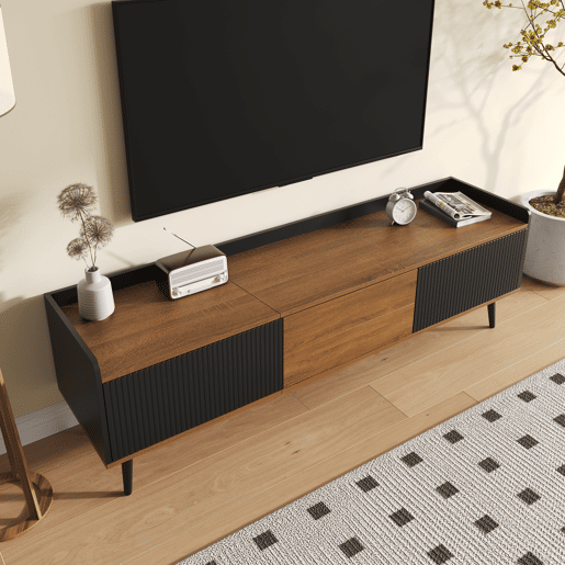 Móvel de TV 160 cm - Design compacto, 3 portas - Preto e Natural Móvel de TV 160 cm - Design compacto, 3 portas - Preto e Natural